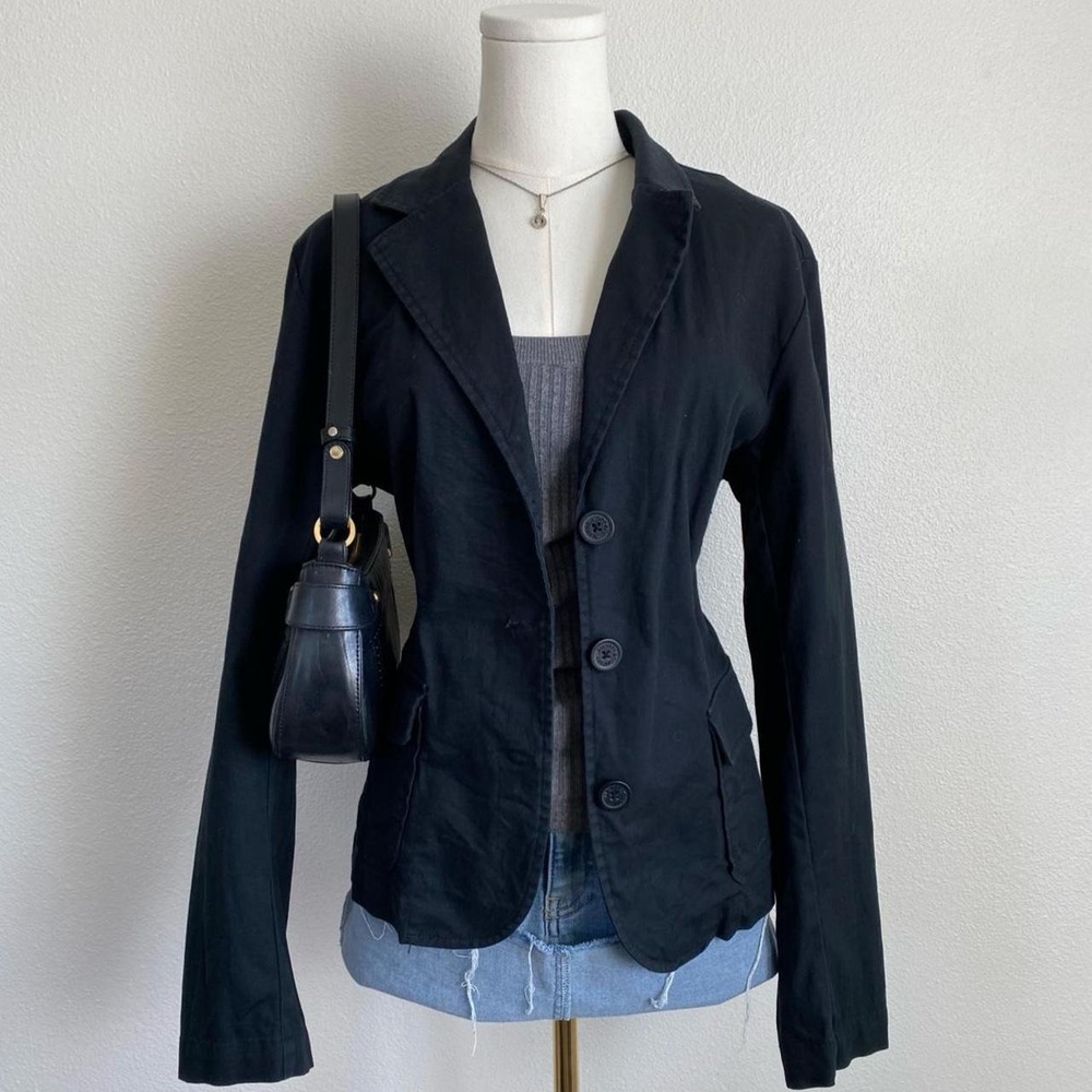 New York & Company Black Three Button Blazer Jacket Coat Patch Flap Pockets